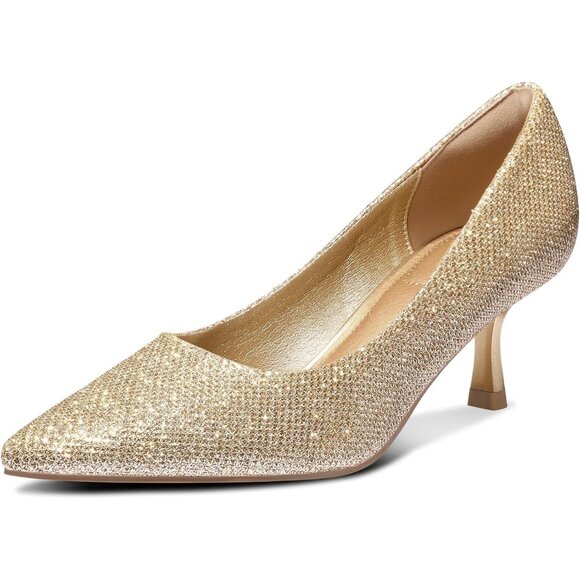 Women's Gold Pumps 2 inch Kitten Heel Pointed Toe Low Heel Dress Shoes - Picture 1 of 7